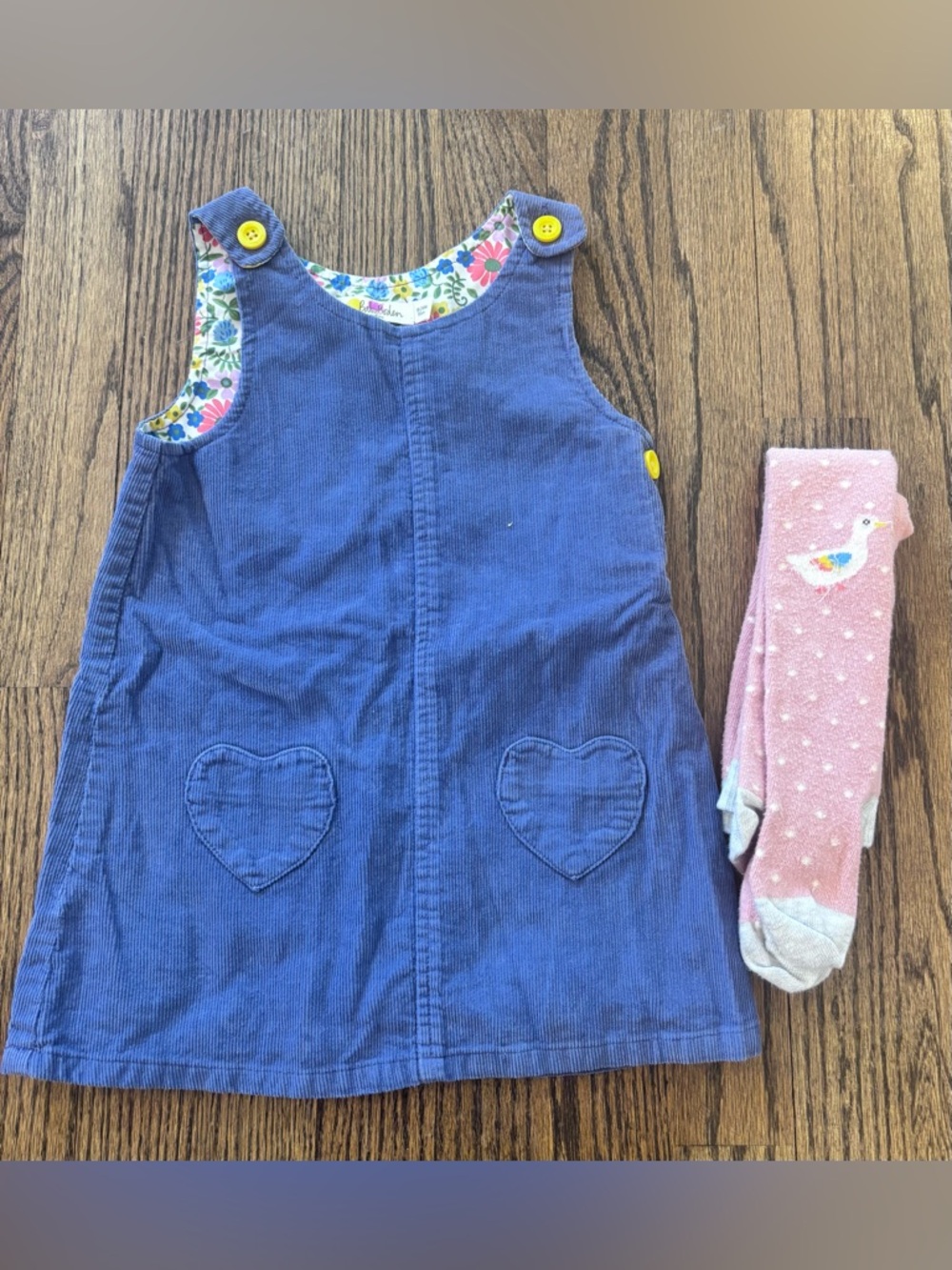 Baby Boden Blue Corduroy Overall Dress with Pink White Polkadot Goose Tights